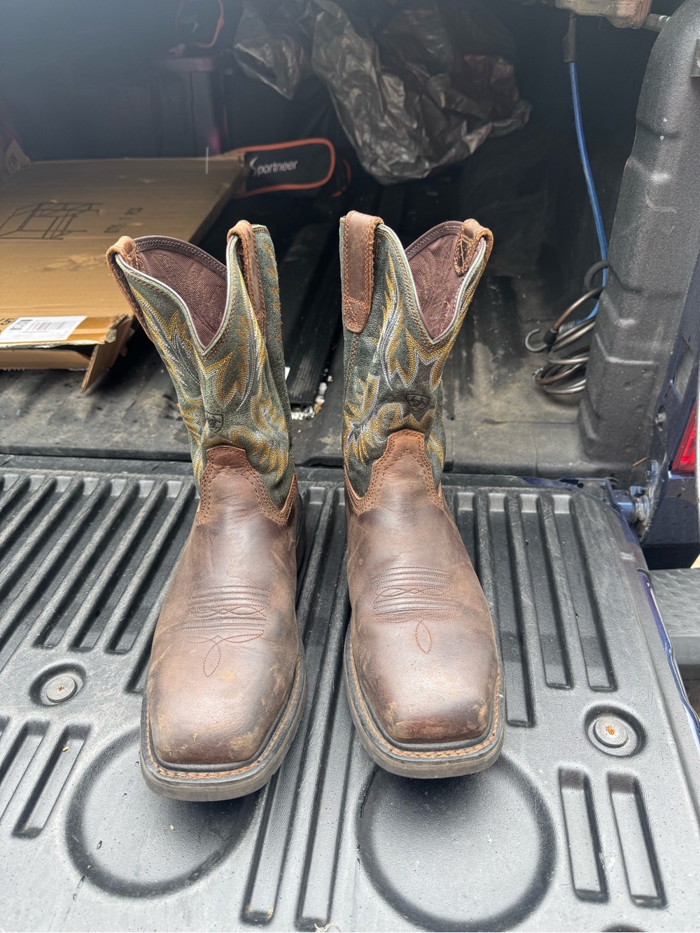 Ariat Brown Leather Cowboy Boots with Blue-Green Embroidered Shaft
